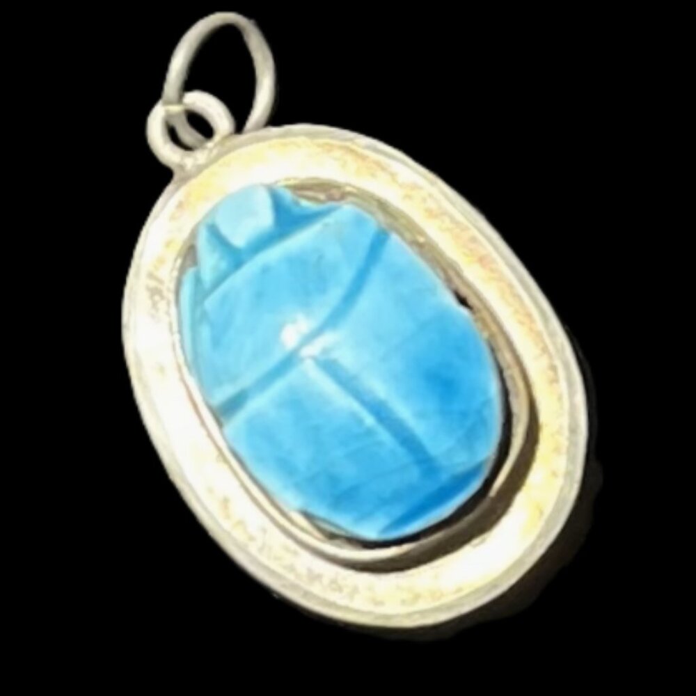 🆕Vintage Sterling Silver Turquoise Faience Scarab Pendant | Egyptian Revival